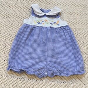 First Moments Romper Baby Girl 3-6 Month Smocked Mermaids Sleeveless Plaid VTG